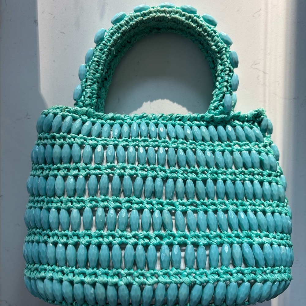 Vintage Turquoise Beaded Woven Bag